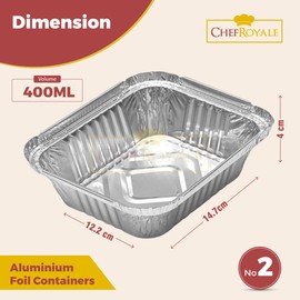 CHEF ROYALE 25 x Aluminium Foil Containers with Lids - Size No 2- Foil Food Storage containers - Disposable Trays Containers - Ideal for Baking, Cooking & Meal Prep and Takeaway