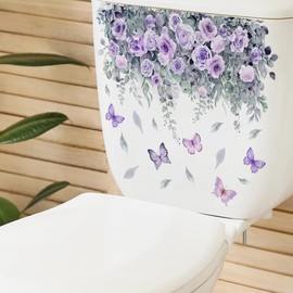 2Pcs Waterproof Toilet Decals, Botanical Floral Design with Purple Roses and Butterflies, Self-Adhesivefor Bathroom Decor (3.5x3.5 Inch)
