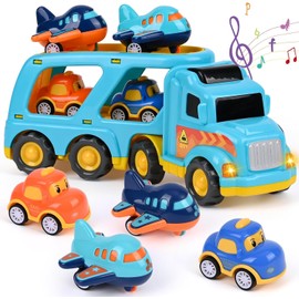 Zoelele Truck Toy Transporter for Children from 3 Years, 5-in-1 Toy Car Set with Light & Sound, Includes 4 Mini Racing Cars, Portable Car Transporter, Boys 3-7 Years - 01