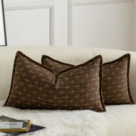 Mandioo Pack of 2 Burlap Linen Cushion Covers Woven Textured Modern Farmhouse Throw Pillow Cases Decorative Couch Sofa Bed Living Room 12 x 20 Inch 30x50 cm Deep brown