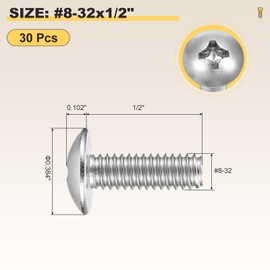 METALLIXITY Machine Screws Phillips Head(#8-32x1/2) 30Pcs, 304 Stainless Steel Round Head Phillips Drive Furniture Bolts - for Woodworking & Furniture Assembly, Silver