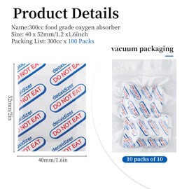 100Pcs 300CC Oxygen Absorbers, Food Grade Oxygen Absorbers for Long Term Food Storage, Vacuum Mylar Bag, Airtight Container Flour Sugar Cereal, Dehydrated, and Preserved Foods