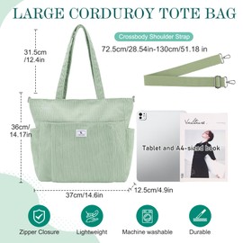 VX VONXURY Tote Bag for Women Corduroy Large Shoulder Bag with Multi Pockets Lightweight Handbag with Removable Strap for Work College Shopping,Light Green