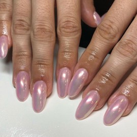 Pink Aurora Press on Nail Medium Nude Fake Nail Sqaure Mermaid Chrome Press on Nail Mirror Effect Press on Nail -24pcs False Nail for Women (pink)