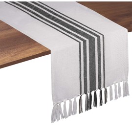 Native Fab Pure Cotton Table Runner Farmhouse 90 Inches Long - Wedding Table Runners with Fringes, Parties Rustic Bridal Shower Decor Dining Table Runners 14x90 Grey White