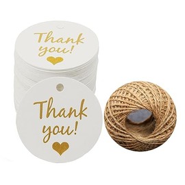 THJOPOKEEL 100 Etiquetas de Papel de Regalo, con 30m Cuerda de Yute, Etiquetas de Agradecimiento, Navidad, cumpleaños, Acción de Gracias, Negocios, Manualidades. (Blanco)
