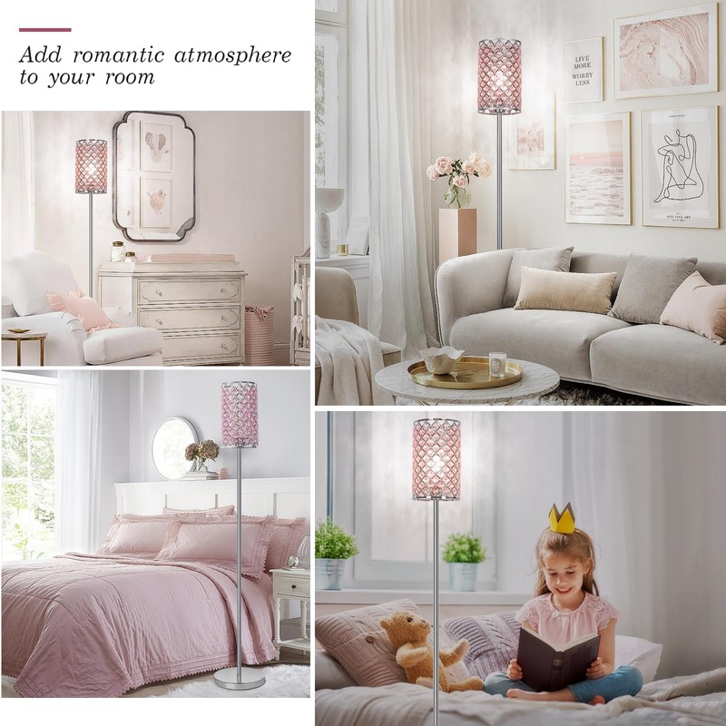 Crystal Floor Lamp for Bedroom, Silver Floor Lamp with Pink