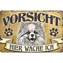 30 x 20 cm Weatherproof Dog Tin Sign, Warning Notice, Gate Sign, Colour Gold, Vorsicht - Hier Wache ich! (Pomeranian Spitz)