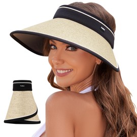 PuTian Sun Visor Hats for Women Wide Brim Ponytail Straw Summer Hat Adjustable Foldable Beach Cap Top Open UPF50+ UV Protection, Light Beige