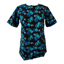 Ladybird Line 714 Blue Paw Print Waterproof Dog Grooming Smock, Hair and Bleach Resistant with Covered Zipper Panel, Solid Black Back, and Back Tie Belt - Ideal for Pet Groomers and Vet Clinics - 3XL