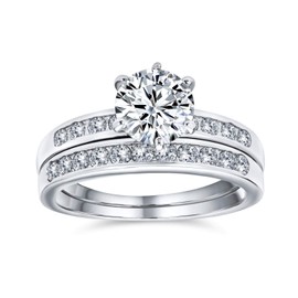 Classic Traditional 2CT Round Solitaire 6 Prong Solitaire Pave Band AAA CZ Anniversary Wedding Engagement Ring Set Band For Women .925 Sterling Silver