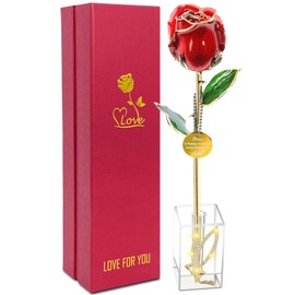 Icreer 24k Gold Rose Mothers Day for Mom Best Gifts,Real Rose Dipped 24K Gold,Best Gifts for Valentines Day Christmas Birthday for Women,Her,Grandma(Red,Crystal Stand)