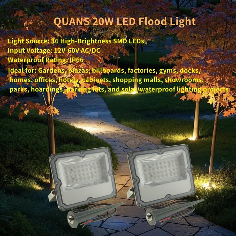 QUANS 2-Pack 20W LED Flood Lights - Cool White 6000K,