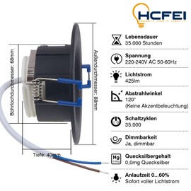 HCFEI 3 x LED Recessed Spotlight Set Round - Black 5 Watt Dimmable 230 V Flat - Recessed Light Diameter 68-76 mm Bore Hole - Recessed Spot Ceiling Spotlight Recessed Spotlight Ceiling Spotlight
