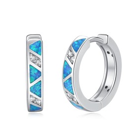 Opal Hoop Earrings 925 Sterling Silver Blue Opal Huggie Earrings for Sensitive Opal Jewellery Gift for Women Birthday Christmas, Sterling Silver