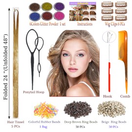 CelineBella Champagne Gold Hair Tinsel Kit with Tools Fairy Hair Tinsel Hair Extensions Glitter Sparkling Shiny Hair Tensile Hair Accessories for Girls Women