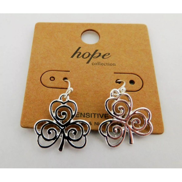 Hope Shamrock Earrings Drop Dangle Silver Outlines Good Luck By