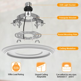 YIIZON R5 and 6 Recessed Can Light Conversion Kit, for Ceiling Light Fixture, Pendant Light, Hanging Light, Ceiling Fan, with 7’¾ Beveled & Flat, Steel, Ceiling Medallion, White Finish