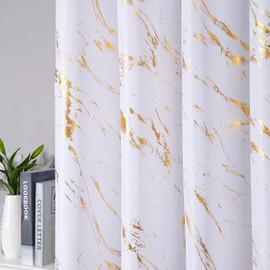 Taisier Home Gold Foil Print Linen Textured Curtains Geometric Marble Pattern Design Curtains for Living Room Thermal Insulated Window Treatment 2 Panels 63" L,White and Gold Curtains Print