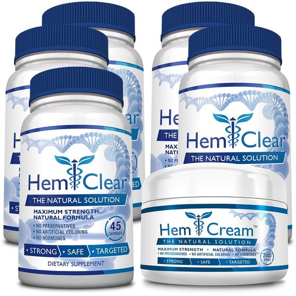 HemClear for Hemorrhoids - Vegan, 100% Natural Formula for Hemorrhoid Relief & Vascular Health - Maximum Strength 5 Bottles + 1 Cream