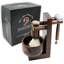 BeautyTrack Vintage Pure Wood Shaving Kit Gift For Men - Safety Razor - Shaving Beard Brush Best Badger Hair Shaver Wood Handle Shaving Soap Bowl - Razor Stand Kit - Great Gift Idea For Christmas