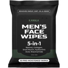 Mens Face Wipes 5-in-1 Anti-Aging Face Cleansing Wipes for Mens Skin Care with Retinol, Collagen, Snail Mucin, Hyaluronic Acid & Niacinamide – Alcohol-Free for Oily or Acne-Prone Skin Woodsy Scent