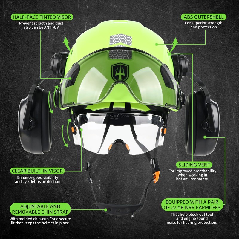 GREEN DEVIL Hard Hat Safety Helmet with Visor and Ear