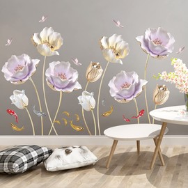 Giant Gold Flower Wall Decals Lotus Tulip Flowers Floral Wall Stickers DIY Removable Colorful Butterfly Fish Wall Art Decor for Kids Girls Bedroom Living Room Nursery Office Decoration DT-4948
