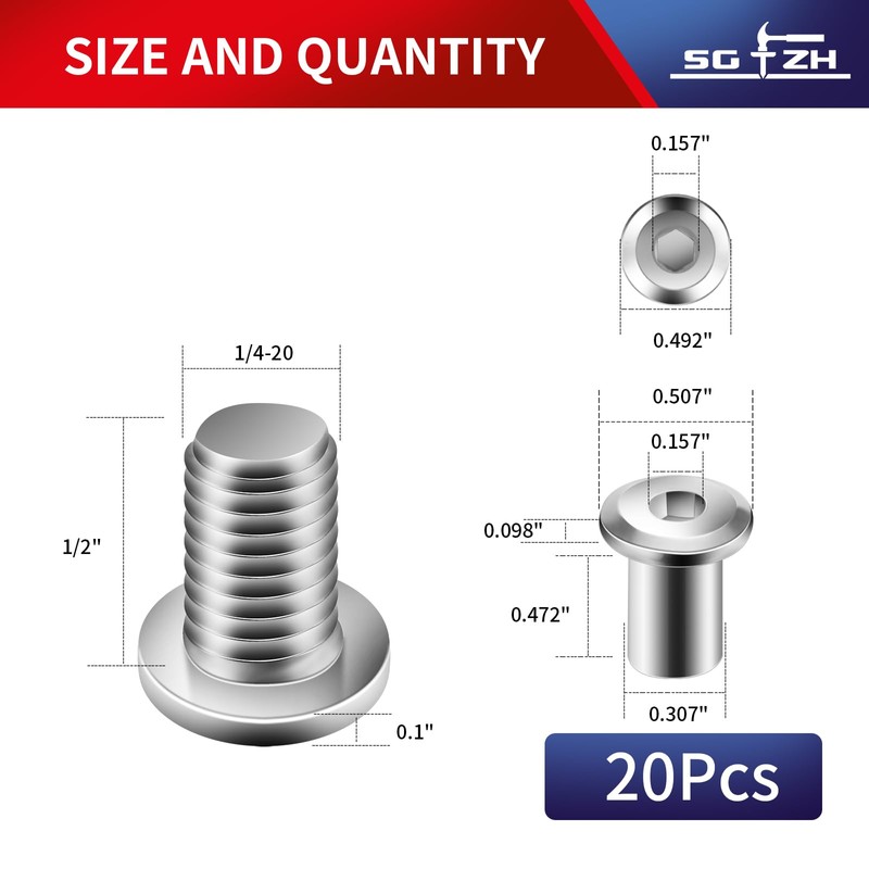 1/4-20 x 1/2" 20Pcs Flat Head Hex Socket Cap Screws