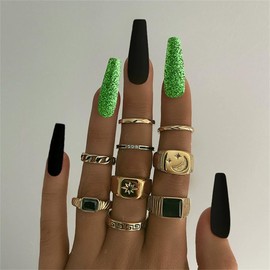 Sparkly Shiny Long Coffin Press On False Nails Medium Length Full Cover Acrylic Fake Nails Ballerina Nails for Women Lady Fashion Nails for Nail Salons and Home DIY Nail Art 24PCS (165 Green)