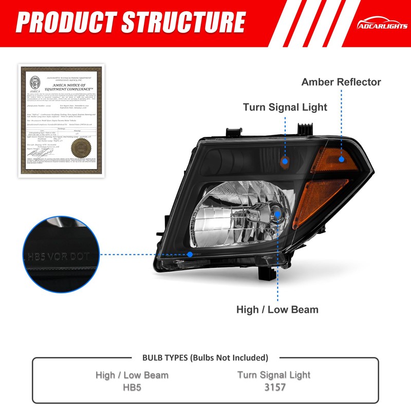 for 2005-2008 Nissan Frontier Headlight Assembly/2005-2007 Pathfinder Black Headlight Driver