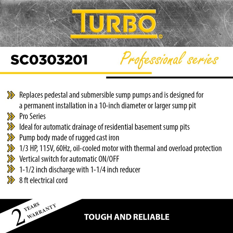 Turbo 1/3HP Cast Iron Submersible Sump Pump with Vertical Switch