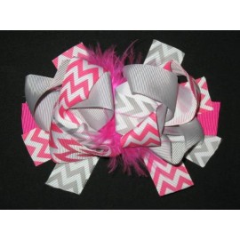 "Handmade" NEW "Pink & Gray CHEVRON" Fur Hairbow Alligator Clips Girls Ribbon Bows 5.5 in