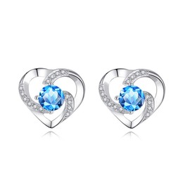 wynn's Silver Stud Earrings for Women, 925 Sterling Silver Heart Studs Earrings,13mm Stud Earring with Blue Cubic Zirconia, Hypoallergenic Small Slepper Studs