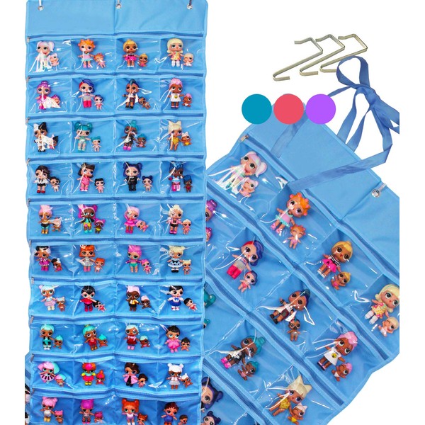 HOME4 LOL Toys Hanging Over The Door Storage Organizer Carrying Travel, 40 Clear View Pockets, Roll Up, for Small Dolls, Cars, Jewelry, Hair Accessories, Arts & Crafts, Bead, Sewing and More (Blue)