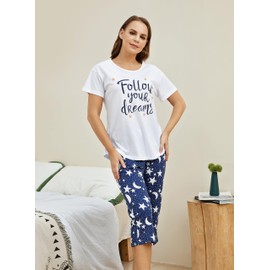 PNAEONG - Conjunto de pijama para mujer, camisetas de dormir con pantalones capri, estampado casual y divertido, SY215-púrpura-XL, Tu sueño, Small