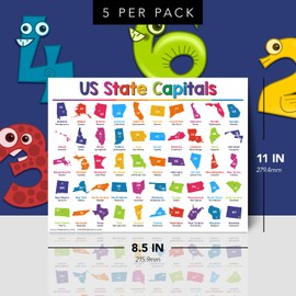 USA State Capitals Educational Posters for Kids – Classroom and Homeschool American Learning Chart and Wall Decorations, Preschool to Gradeschool | Durable Glossy Cardstock | 8.5" x 11" | 5 per Pack