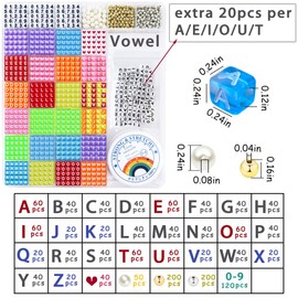 MIIIM 1650 Pcs Pony Beads Letters for Bracelets Making, Vowel-Rich Alphabet Kit with Minimized Rare Characters, 6x7mm Large Hole Square Letter Beads, Numbers (Clear Colorful)