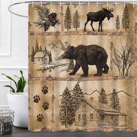 Rustic Bear Shower Curtain for Bathroom, Cabin Retro Bear Moose Deer Lodge Vintage Forest Country Farmhouse Bath Curtains Decor, Cloth Fabric Waterproof Polyester Set with 12 Hooks,72x84 Inch