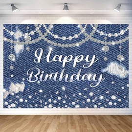 7X5ft Denim Diamonds Party Decorations Photo Backdrop Photography Background, Navy Blue and Silver Happy Birthday Backdrops Photo Booth Prop Banner Balloons Wall Decor Tablecloth