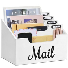 Rustic Mail Organizer Letter Sorter for Counter, Mail Holder Desktop File Organizer Holder, Countertop Desk Office Accessories Organizer for File Letter Paper Folder, White Wooden Desk Organizer