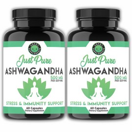 Angry Supplements Just Pure Ashwagandha Root Powder – 500mg Ashwa Per Serving – 60 Capsules – Herbal, Immunity & Mood Support for Men + Women (2-Bottles)