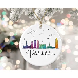 HKDesignGift Philadelphia City Ornament, Philadelphia City Christmas Ornament, Landmarks Xmas Ornament, Colorful City Skyline Graphic, New City Gifts for Christmas Printed on Both Sides