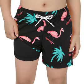Century Star Boys Swim Trunks with Boxer Brief Liner Boys Swimwear Quick Dry Bathing Suit Toddler Swim Trunks Skateboard Flamingo 7-8 Years