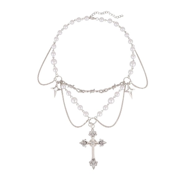 Viojrlly Crystal Cross Pearl Halskette Damen Perlenkette Gothic Choker Kruzifix