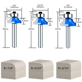 1/4 Inch Shank Roundover Router Bit Set, Corner Rounding Edge-Forming Bit Set-1/8, 5/32", 3/16", 1/4", 5/16", 3/8", 7/16" Radius Woodworking Milling Tools (7Pcs)