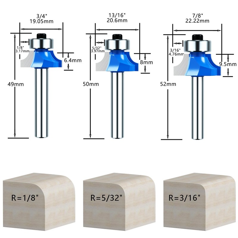 1/4 Inch Shank Roundover Router Bit Set, Corner Rounding Edge-Forming