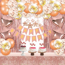 Rose and Gold Party Decorations, Rose and Gold Balloons Birthday Decorations, Happy Birthday Banner Golden Fringe Curtain Tablecloth Hanging Swirls Heart Star Foil Confetti Balloons
