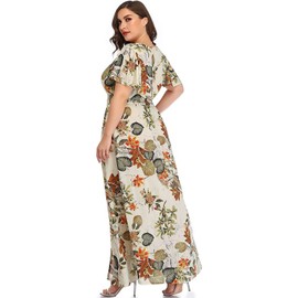 Plus Size Maxi Dresses for Women Boho Summer Beach Hawaiian Rayon Button Up Beige Floral Long Sundresses Bohemian Dress