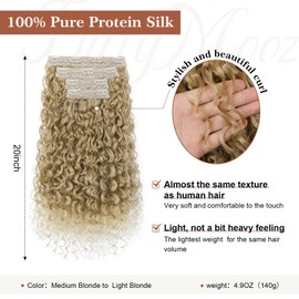 Clip in Hair Extensions, FLUFYMOOZ 4PC 100％ Pure Protein Silk Hair Extensions Long Soft Natural Hairpiece 20 Inch Curly Hair Extension for Women (Medium Blonde to Light Blonde)